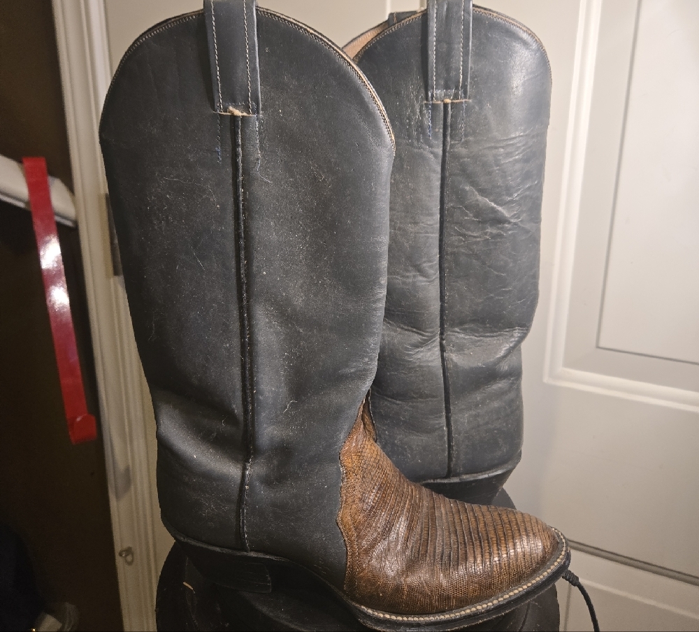 FD Men's Black and Brown Leather And Lizard Cowboy Boots 8 1/2 D - Picture 7 of 12
